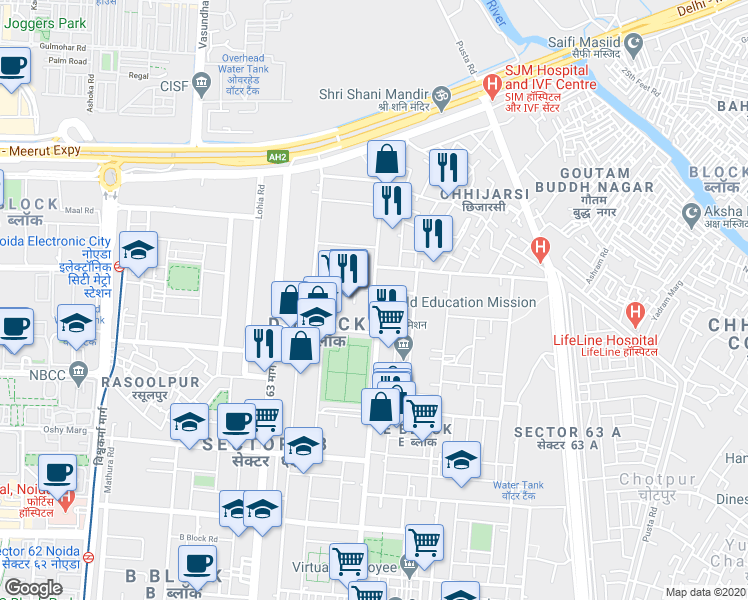 map of restaurants, bars, coffee shops, grocery stores, and more near in Noida