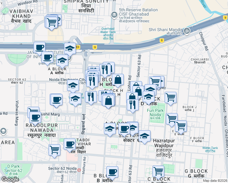 map of restaurants, bars, coffee shops, grocery stores, and more near in Noida