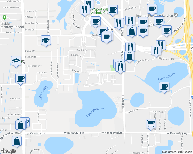 map of restaurants, bars, coffee shops, grocery stores, and more near 1475 Lake Shadow Circle in Maitland