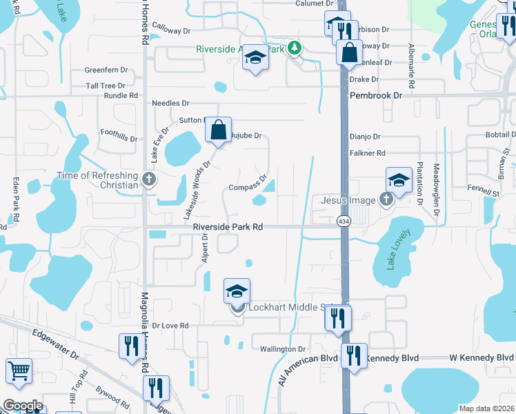 map of restaurants, bars, coffee shops, grocery stores, and more near 3233 Riverside Park Road in Orlando