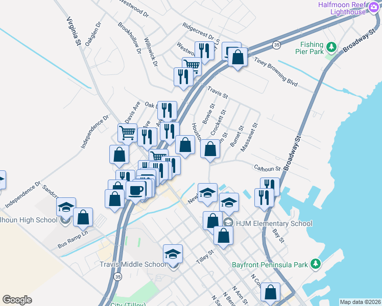 map of restaurants, bars, coffee shops, grocery stores, and more near 310 Texas 35 in Port Lavaca