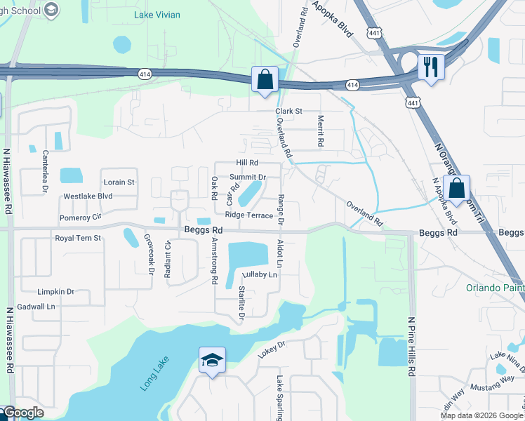 map of restaurants, bars, coffee shops, grocery stores, and more near 6318 Ridge Terrace in Orlando