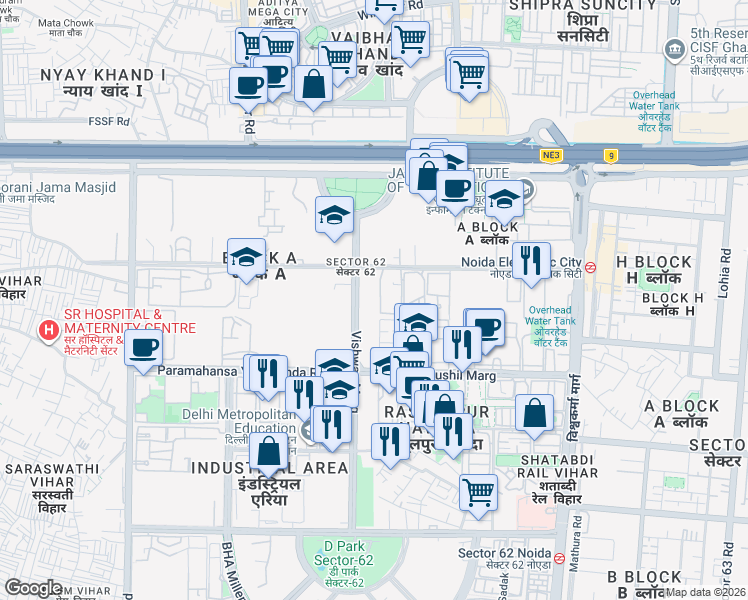 map of restaurants, bars, coffee shops, grocery stores, and more near Vishwas Marg in Noida