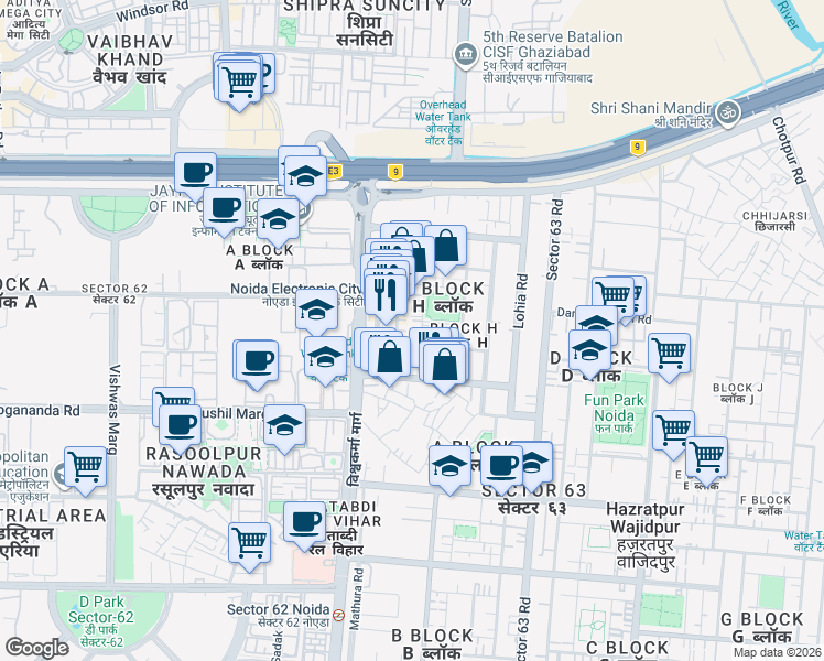 map of restaurants, bars, coffee shops, grocery stores, and more near in Noida