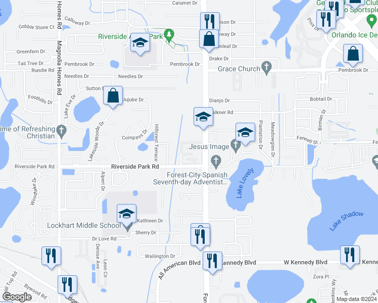 map of restaurants, bars, coffee shops, grocery stores, and more near 7650 Forest City Road in Orlando
