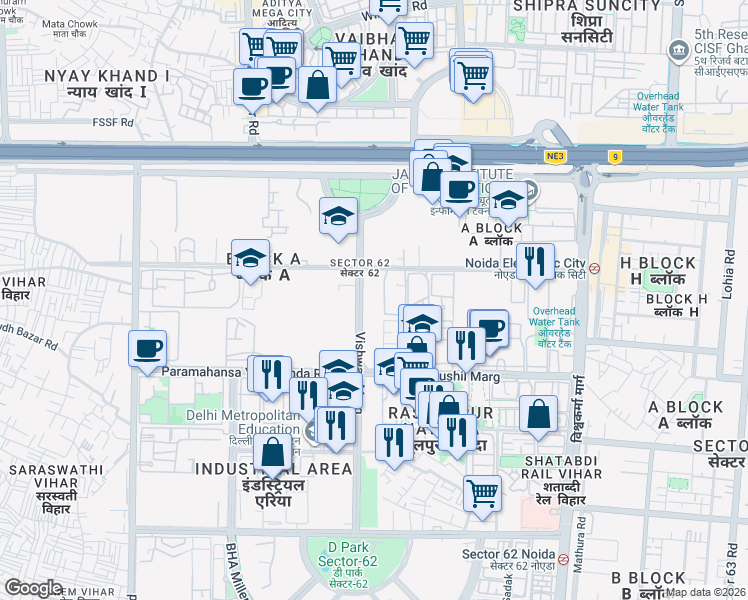 map of restaurants, bars, coffee shops, grocery stores, and more near Vishwas Marg in Noida