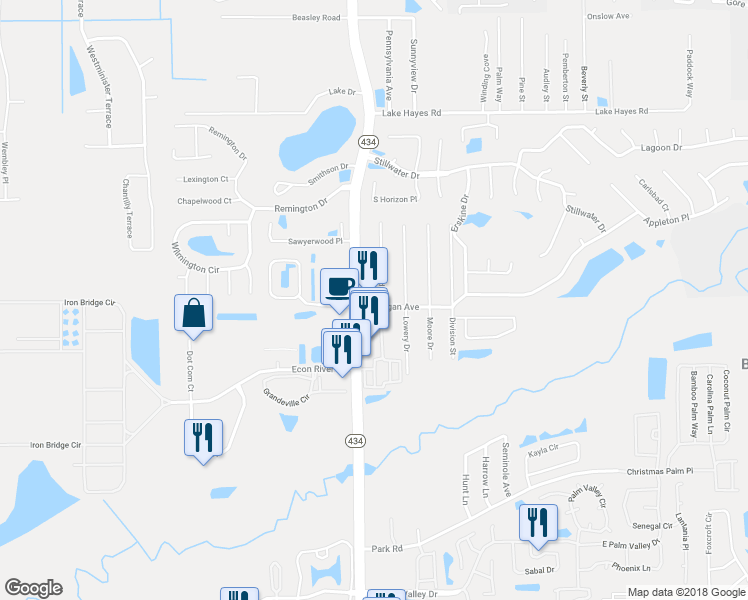 map of restaurants, bars, coffee shops, grocery stores, and more near 100 Carrigan Avenue in Oviedo