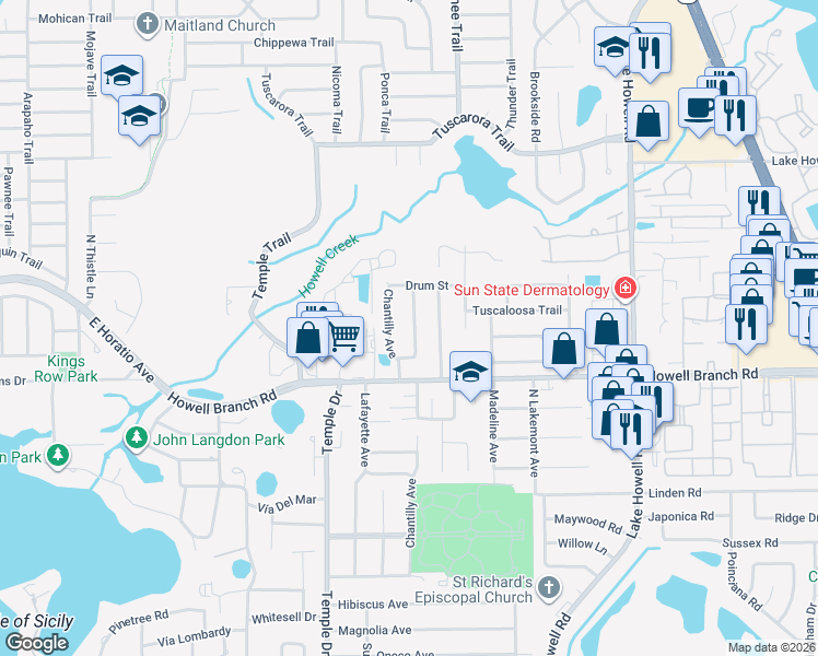 map of restaurants, bars, coffee shops, grocery stores, and more near 2889 Rouen Avenue in Winter Park