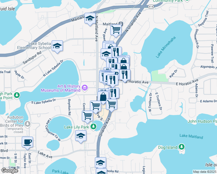 map of restaurants, bars, coffee shops, grocery stores, and more near 120 Independence Lane in Maitland