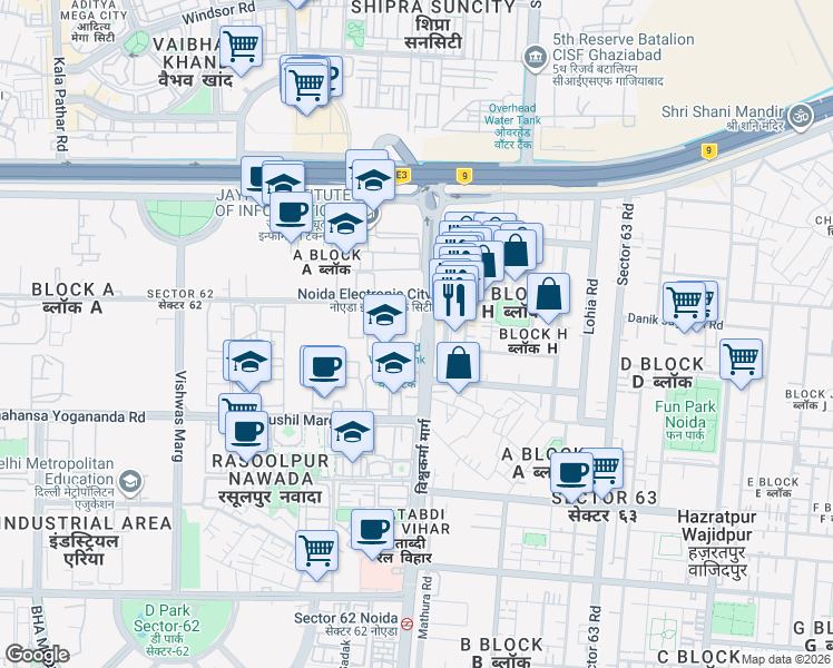 map of restaurants, bars, coffee shops, grocery stores, and more near in Noida
