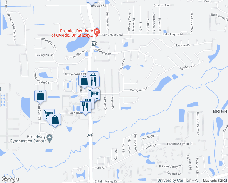 map of restaurants, bars, coffee shops, grocery stores, and more near 2997 Moore Drive in Oviedo