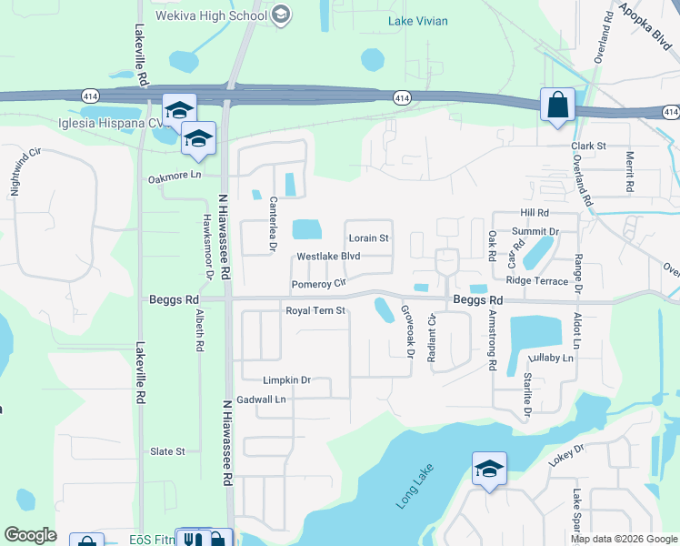 map of restaurants, bars, coffee shops, grocery stores, and more near 6404 Pomeroy Circle in Orlando