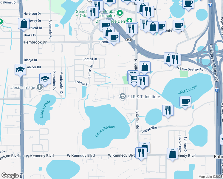 map of restaurants, bars, coffee shops, grocery stores, and more near 1847 Fennell Street in Maitland