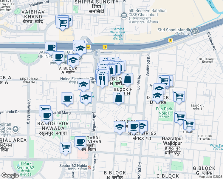map of restaurants, bars, coffee shops, grocery stores, and more near Unnamed Road in Noida