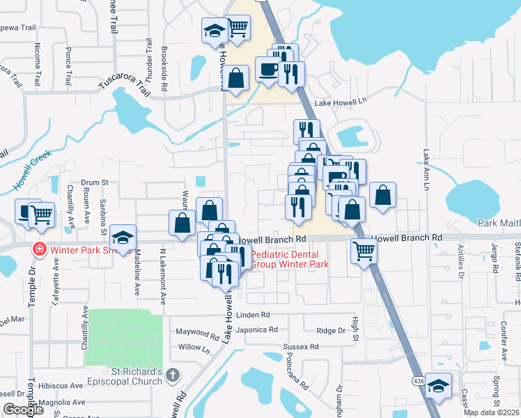 map of restaurants, bars, coffee shops, grocery stores, and more near 441 Citrus Lane in Maitland