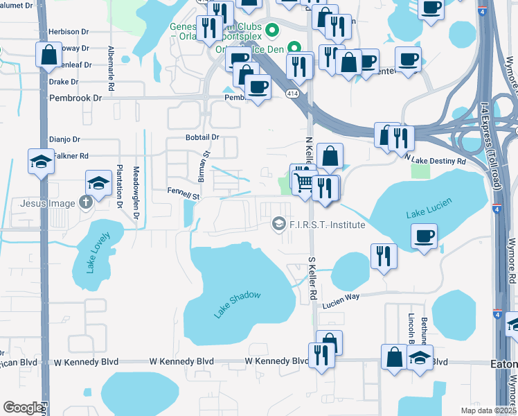 map of restaurants, bars, coffee shops, grocery stores, and more near 1847 Fennell Street in Maitland