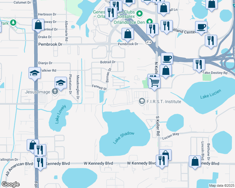 map of restaurants, bars, coffee shops, grocery stores, and more near 1275 Lake Shadow Circle in Maitland