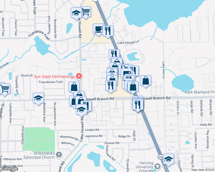 map of restaurants, bars, coffee shops, grocery stores, and more near 448 Banyon Tree Circle in Maitland