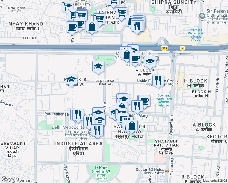 map of restaurants, bars, coffee shops, grocery stores, and more near in Noida