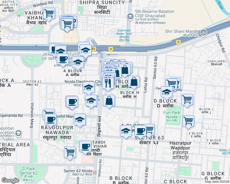 map of restaurants, bars, coffee shops, grocery stores, and more near in Noida