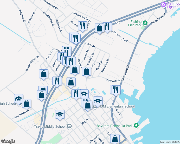 map of restaurants, bars, coffee shops, grocery stores, and more near 114 Bonham Street in Port Lavaca