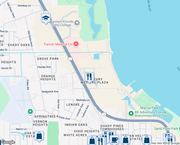 map of restaurants, bars, coffee shops, grocery stores, and more near 1655 Jess Parrish Court in Titusville