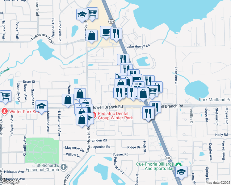 map of restaurants, bars, coffee shops, grocery stores, and more near 1455 Semoran Boulevard in Eatonville