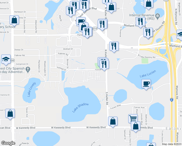 map of restaurants, bars, coffee shops, grocery stores, and more near 2329 Shadow View Circle in Maitland