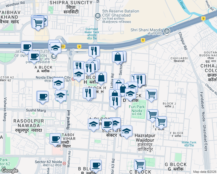 map of restaurants, bars, coffee shops, grocery stores, and more near Lohia Road in New Okhla Industrial Development Area