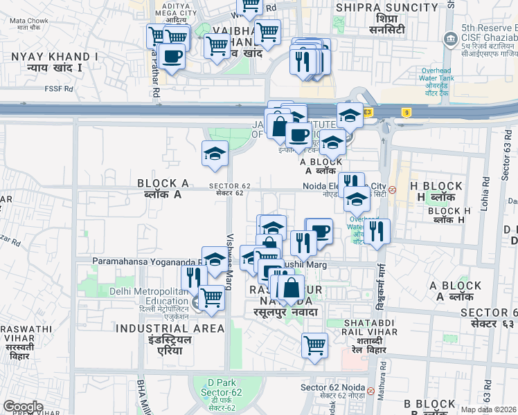 map of restaurants, bars, coffee shops, grocery stores, and more near Rani Ramgarh Road in Noida
