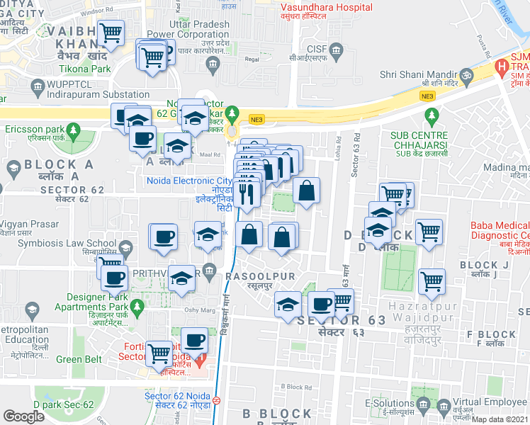 map of restaurants, bars, coffee shops, grocery stores, and more near in Noida