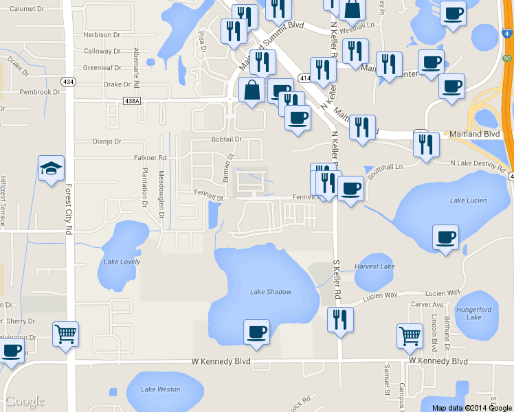 map of restaurants, bars, coffee shops, grocery stores, and more near 1919 Fennell Street in Maitland