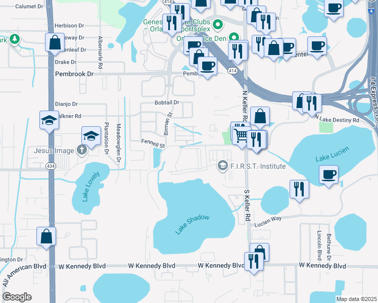 map of restaurants, bars, coffee shops, grocery stores, and more near 1919 Fennell Street in Maitland