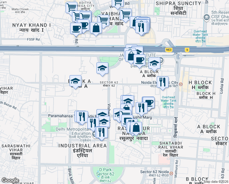 map of restaurants, bars, coffee shops, grocery stores, and more near in Noida
