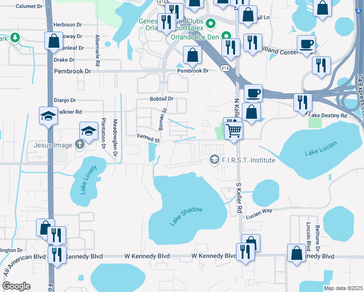 map of restaurants, bars, coffee shops, grocery stores, and more near 1225 Lake Shadow Circle in Maitland