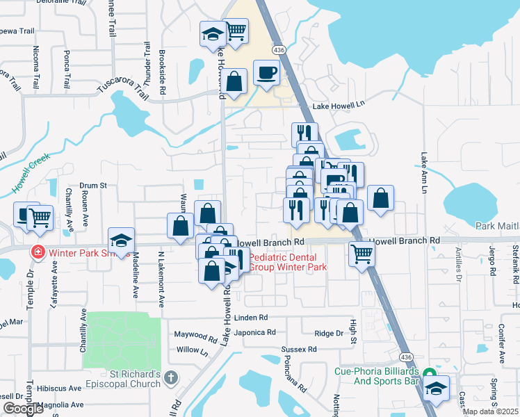 map of restaurants, bars, coffee shops, grocery stores, and more near 441 Citrus Lane in Maitland