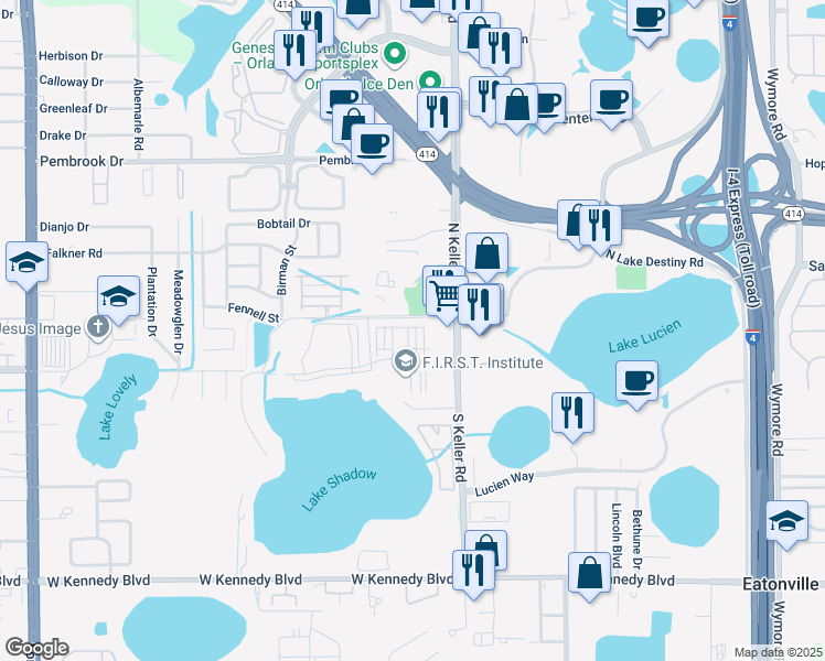 map of restaurants, bars, coffee shops, grocery stores, and more near 2329 Shadow View Circle in Maitland