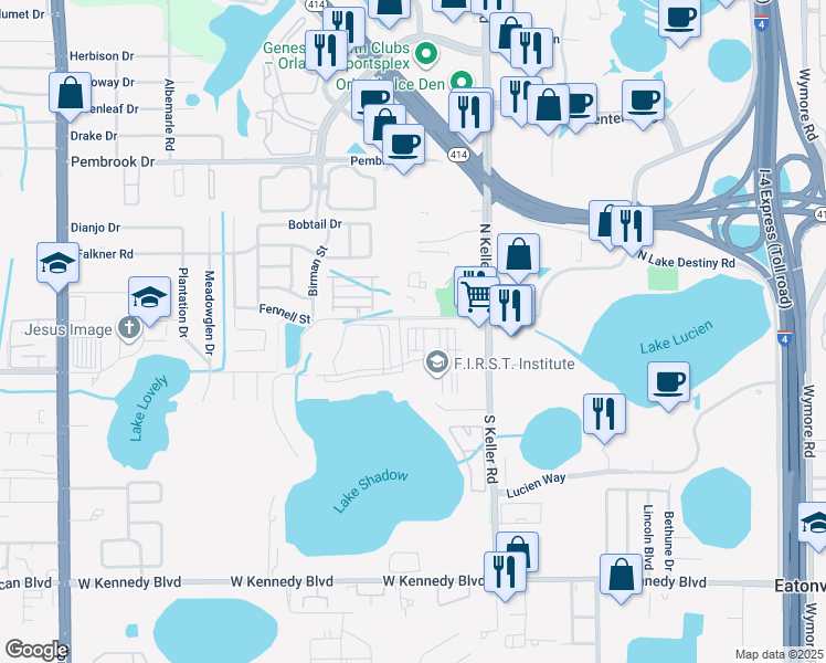 map of restaurants, bars, coffee shops, grocery stores, and more near 1847 Fennell Street in Maitland