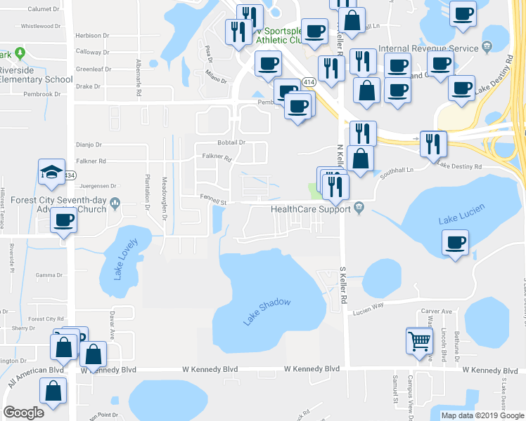 map of restaurants, bars, coffee shops, grocery stores, and more near 1919 Fennell Street in Maitland