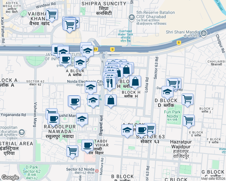 map of restaurants, bars, coffee shops, grocery stores, and more near in Noida