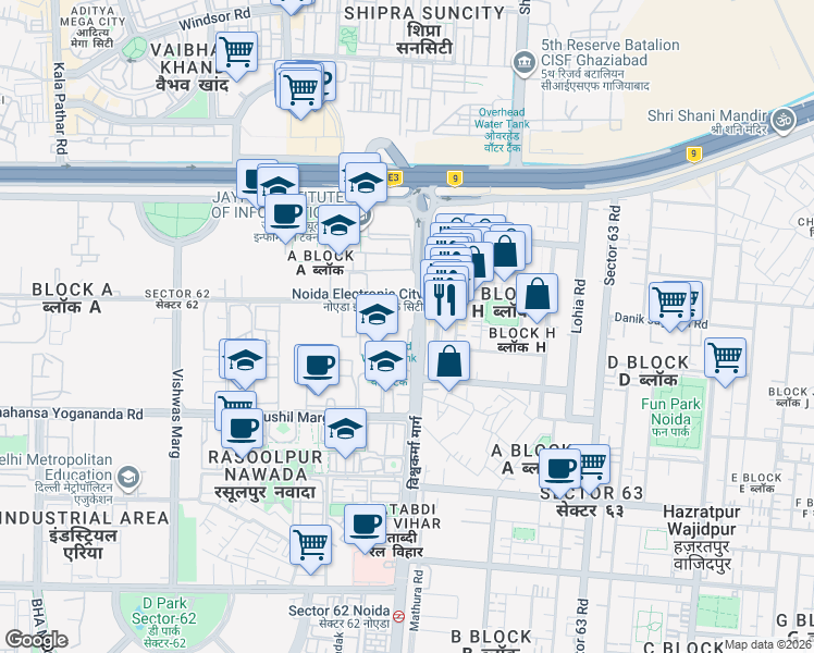 map of restaurants, bars, coffee shops, grocery stores, and more near in Noida