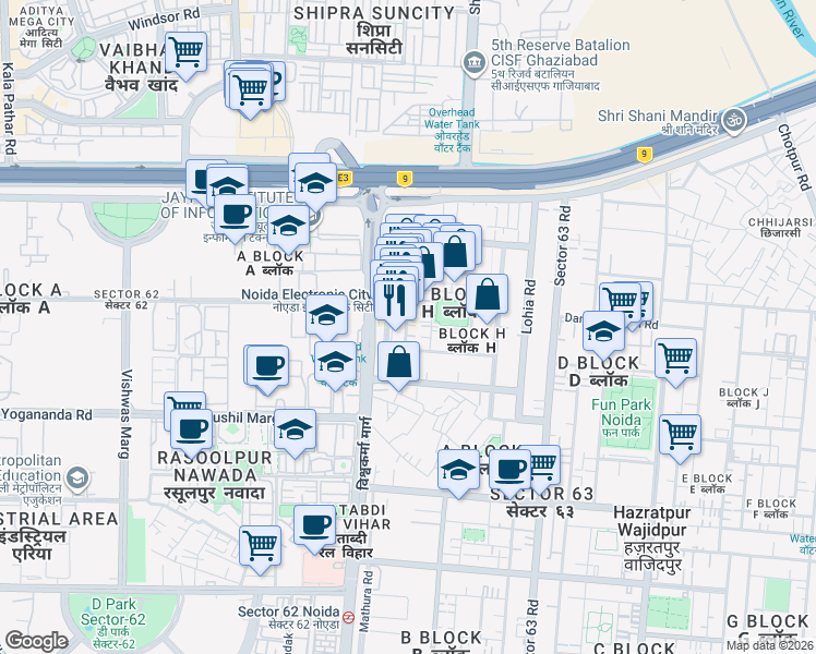 map of restaurants, bars, coffee shops, grocery stores, and more near in Noida