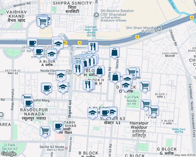 map of restaurants, bars, coffee shops, grocery stores, and more near in Noida