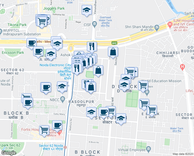 map of restaurants, bars, coffee shops, grocery stores, and more near in Noida