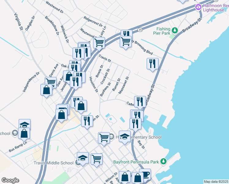 map of restaurants, bars, coffee shops, grocery stores, and more near 118 Burnet Street in Port Lavaca