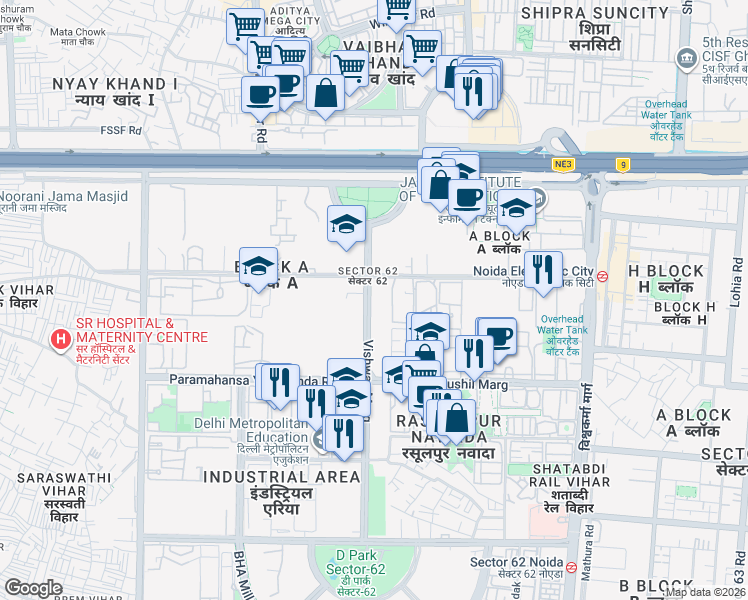 map of restaurants, bars, coffee shops, grocery stores, and more near in Noida