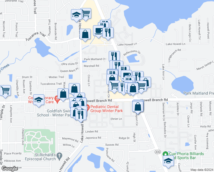 map of restaurants, bars, coffee shops, grocery stores, and more near 448 Banyon Tree Circle in Maitland