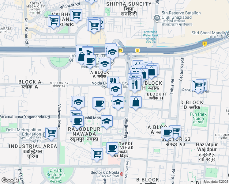 map of restaurants, bars, coffee shops, grocery stores, and more near in Noida