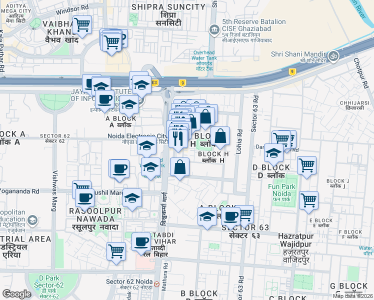 map of restaurants, bars, coffee shops, grocery stores, and more near in Noida