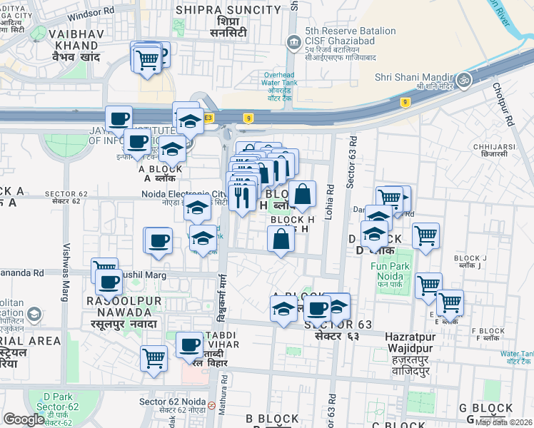map of restaurants, bars, coffee shops, grocery stores, and more near Unnamed Road in Noida